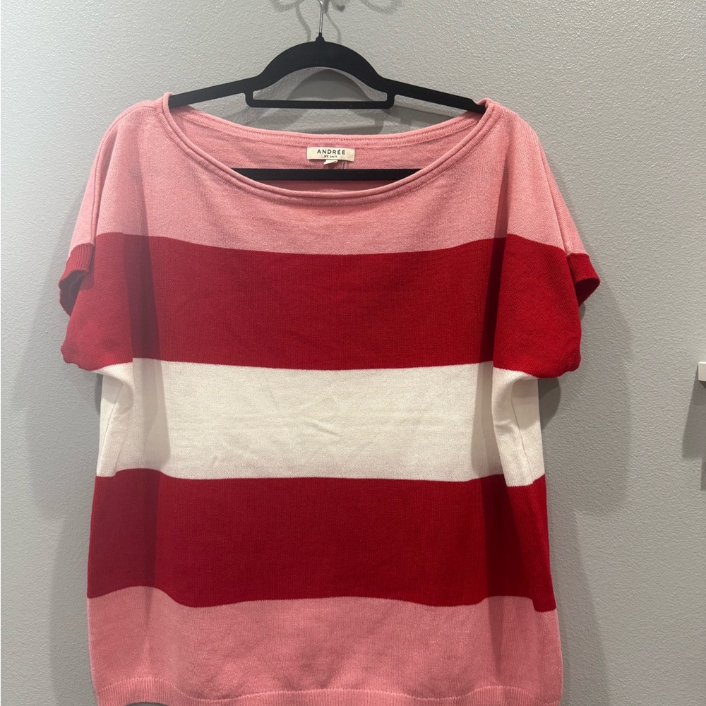 ANDREE BY UNIT Pink, Red, and White Striped Short Sleeve Top